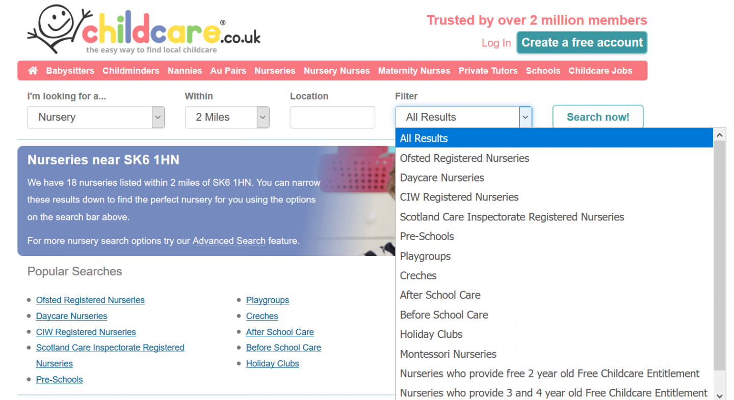 screen shot of childcare.co.uk